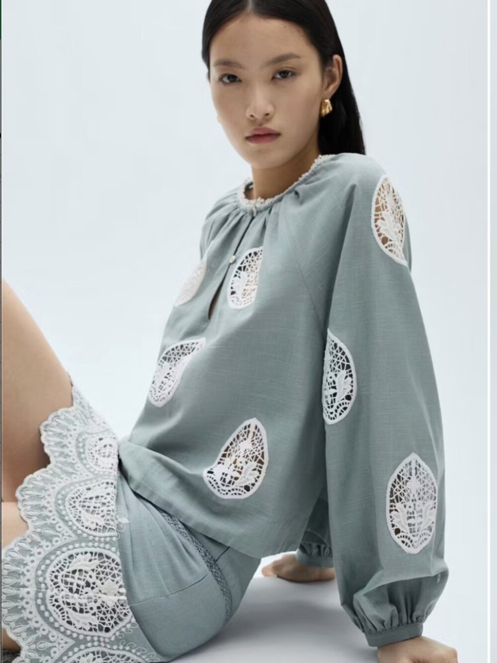 NWT Mango Light Blue Lace-Appliqué Embroidered Details Blouse 100% Cotton